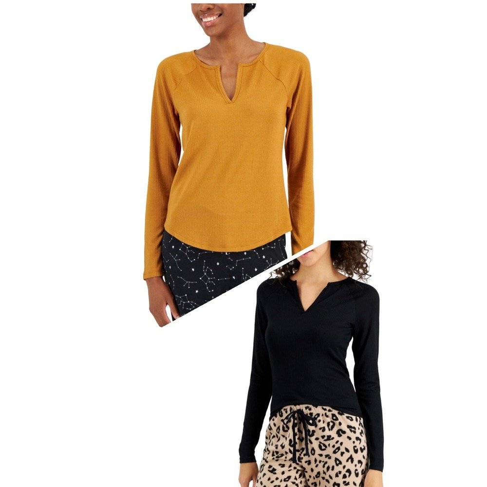 Jenni Women's Split-Neck Pajama Top Bundle of 2 - Black - Clay - Size Medium